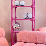 French 1970s pink bamboo shelving unit with mirrored shelves