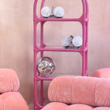 French 1970s pink bamboo shelving unit with mirrored shelves