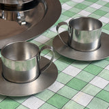 Italian 1980s six steel espresso coffee cups and saucer, with matching serving tray by Vemi.